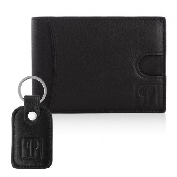 Portfel męski skórzany czarny T-46-BL i brelok do kluczy T-86-BL zestaw prezentowy ZUP-135-BL. Czarne portfele męskie Paolo Peruzzi, bez wzorów, ze skóry. Za 75.99 zł.
