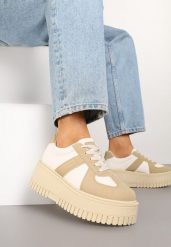 Ciemnobeżowe Sneakersy Typu Tenisówki na Żłobionej Platformie Lorreia. Brązowe trampki i tenisówki damskie Renee, bez wzorów, z jeansu. Za 89.99 zł.
