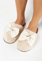 Beżowe Kapcie z Futerka z Szeroką Kokardką Mulleris. Brązowe kapcie damskie Born2be. Za 29.99 zł.