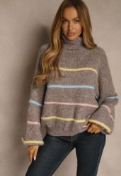 Beżowy Golf z Wełną w Paski Monallesa. Brązowe golfy damskie Renee, bez wzorów, z jeansu, bez ramiączek. Za 169.99 zł.