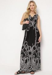 Czarna Sukienka z Ornamentalnym Wzorem Gumką w Talii i Sznurkami na Ramionach Avemina. Czarne sukienki damskie Born2be, na spotkanie biznesowe, l, bez wzorów, eleganckie, bez kołnierzyka, bez ramiączek, maxi. Za 59.99 zł.