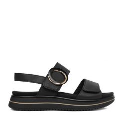 Sandały Remonte. Czarne sandały damskie Remonte, bez wzorów, bez obcasa, na płaskiej podeszwie. Za 369.99 zł.