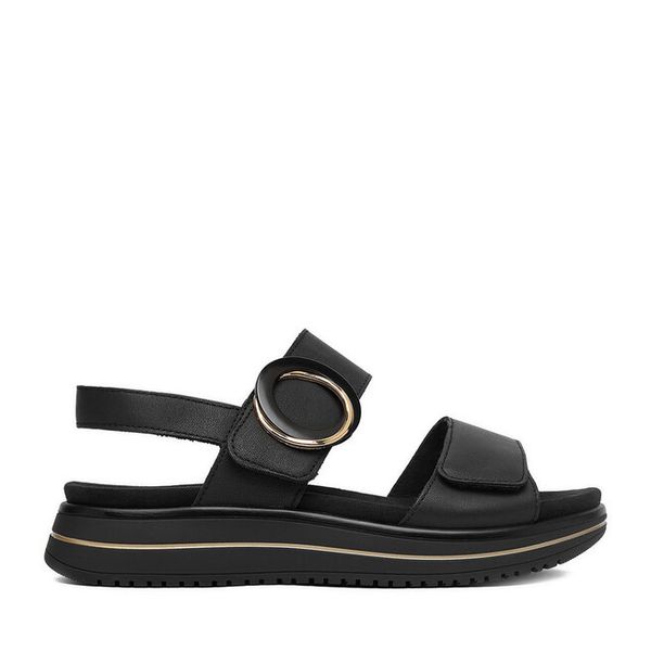 Sandały Remonte. Czarne sandały damskie Remonte, bez wzorów, bez obcasa, na płaskiej podeszwie. Za 369.99 zł.