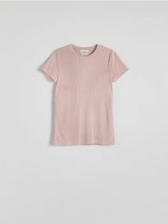 Prążkowany t-shirt z modalem - pastelowy róż. Czerwone t-shirty damskie Reserved, l, bez wzorów, z dzianiny, bez kołnierzyka. W wyprzedaży za 39.99 zł.