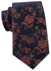 Granatowy Krawat w Miedziane Kwiaty - Alties. Niebieskie krawaty i muchy męskie Alties, bez wzorów, z tkaniny, eleganckie. Za 55.00 zł.