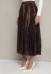 Brązowa Plisowana Spódnica Rozkloszowana z Gumką w Pasie Zdobiona Metaliczną Nicią Nelinea. Brązowe spódniczki damskie Born2be, m, z aplikacjami, eleganckie, maxi, proste. Za 89.99 zł.
