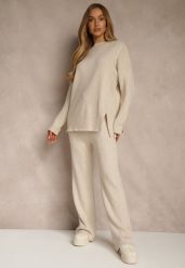 Jasnobeżowy Komplet z Wełną i Bawełną Sweter z Guzikami i Szerokie Spodnie Reinelia. Brązowe swetry klasyczne damskie Renee, l, z bawełny, bez kołnierzyka. Za 139.99 zł.