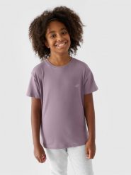4F T-shirt gładki dziewczęcy - fioletowy 128 (7-8 lat). Fioletowe koszulki dziewczęce 4f, bez wzorów, z bawełny, bez ramiączek. W wyprzedaży za 19.99 zł.