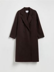 Płaszcz handmade z wełną - ciemnobrązowy. Brązowe płaszcze damskie Reserved, l, bez wzorów, z tkaniny. Za 399.99 zł.