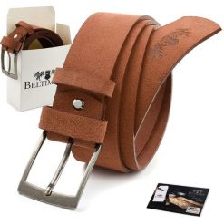 Beltimore Męski Pasek Skórzany Pudełko Zamszowy Camel A78 : Kolory - Brązowy, Beżowy, Rozmiar Pasków - R.110-125 Cm. Brązowe paski męskie bez wzorów, z jeansu, eleganckie. Za 59.90 zł.