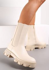 Beżowe Botki Sztyblety w Stylu Chunky z Łańcuchem Retrona. Brązowe botki damskie Renee, na zimę, z materiału, z okrągłym noskiem, bez obcasa, na platformie, bez zapięcia. Za 69.99 zł.