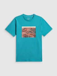 4F T-shirt regular z nadrukiem męski - turkusowy S. Niebieskie t-shirty męskie 4f, m, bez wzorów, z materiału, bez kołnierzyka. Za 79.99 zł.