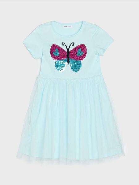 Sukienka z cekinami wykonczona tiulem - błękitny. Niebieskie sukienki dziewczęce Sinsay, bez wzorów, z tiulu, bez ramiączek. Za 25.99 zł.