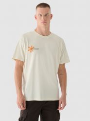 4F T-shirt oversize z nadrukiem męski - beżowy L. Brązowe t-shirty męskie 4f, l, bez wzorów, z bawełny, bez kołnierzyka. W wyprzedaży za 29.99 zł.