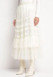 Jasnobeżowa Tiulowa Spódnica Maxi z Gumką w Pasie z Falbankami Mathurin. Brązowe spódniczki damskie Born2be, na lato, s, bez wzorów, z tiulu, maxi. Za 64.99 zł.