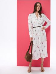 Wiskozowa koszulowa sukienka midi z domieszką lnu w kwiatowy nadruk - wielobarwny. Sukienki damskie Sinsay, l, bez wzorów, z wiskozy, bez kołnierzyka, bez ramiączek, midi, koszulowe. Za 69.99 zł.