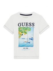 Guess Kids T-Shirt 181444 Biały Classic Fit. Białe t-shirty chłopięce Guess Kids, z aplikacjami, bez ramiączek. Za 119.99 zł.