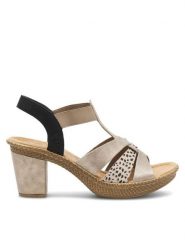 Rieker Sandały 665K3-60 Beżowy. Brązowe sandały damskie Rieker, bez wzorów, ze skóry, bez obcasa, na słupku. Za 299.99 zł.