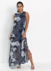 Letnia sukienka maxi szyfonowa. Niebieskie sukienki damskie bonprix, na lato, bez wzorów, z szyfonu, eleganckie, bez kołnierzyka, bez ramiączek, maxi. Za 139.99 zł.