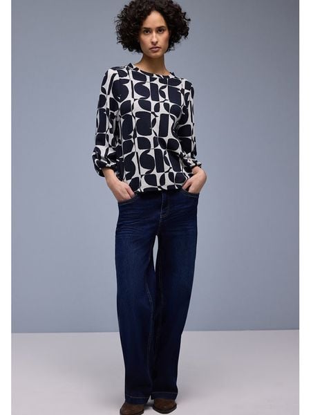 Street One Bluzka w kolorze jasnoszaro-granatowym rozmiar: 46. Niebieskie bluzki damskie Street One, bez wzorów, street, bez kołnierzyka, bez ramiączek. Za 110.81 zł.