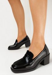 Czarne Półbuty na Niskim Słupku Chemni. Czarne półbuty damskie Born2be, bez wzorów, eleganckie, bez obcasa, na słupku. Za 99.99 zł.