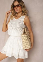 Biała Ażurowa Bluzka Top z Bawełny Bez Rękawów Aalnea. Białe topy damskie Renee, l, w ażurowe wzory, z bawełny, bez kołnierzyka. Za 39.99 zł.