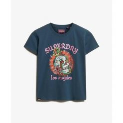 T-shirt dopasowany z dżetami w efekcie tatuażu dla kobiet Superdry. Niebieskie t-shirty damskie Superdry., bez wzorów, bez kołnierzyka. Za 240.30 zł.