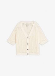 Sweter rozpinany w ażurowy wzór z dodatkiem lnu. Białe kardigany damskie bonprix, w ażurowe wzory, z bawełny. Za 169.99 zł.