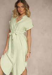 Zielona Koszulowa Rozkloszowana Sukienka z Wiskozy z Paskiem Katilene. Zielone sukienki damskie Renee, na co dzień, l, bez wzorów, z wiskozy, eleganckie, bez kołnierzyka, bez ramiączek, midi, koszulowe. W wyprzedaży za 103.99 zł.