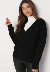 Czarna Bawełniana Bluza z Dekoltem w Serek Gitra. Czarne bluzy bez kaptura damskie Born2be, z bawełny. Za 89.99 zł.