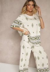 Beżowo-Ciemnozielony Komplet z Wiskozy w Etniczny Wzór Szerokie Spodnie i T-shirt Sarivianne. Zielone spodnie materiałowe damskie Renee, bez wzorów, z wiskozy, eleganckie. Za 74.99 zł.