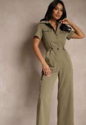 Ciemnozielony Kombinezon Wide Leg z Kołnierzykiem Suwakiem i Krótkim Rękawem Jenaralitia. Zielone kombinezony damskie Renee, m, bez wzorów, eleganckie, bez kołnierzyka, bez ramiączek, krótkie. Za 129.99 zł.