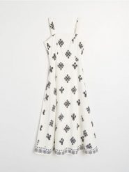 Rozkloszowana wzorzysta sukienka midi na ramiączkach - wielobarwny. Sukienki damskie Sinsay, l, bez wzorów, bez kołnierzyka, bez ramiączek, midi, rozkloszowane. Za 59.99 zł.