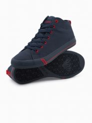 Buty męskie trampki z kontrastującymi elementami - granatowe V3 OM-FOTH-0125 - 45. Niebieskie trampki i tenisówki męskie Ombre Clothing, bez wzorów, z materiału, za kostkę, bez zapięcia. Za 179.99 zł.