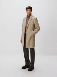 Elegancki płaszcz z kołnierzem - beżowy. Brązowe płaszcze męskie Reserved, l, bez wzorów, eleganckie. Za 259.99 zł.