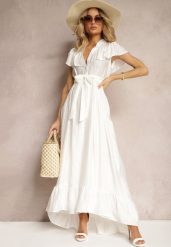 Biała Sukienka z Materiałowym Paskiem i Wiskozą Wykończona Guzikami i Falbanką Hanesi. Białe sukienki damskie Renee, na co dzień, l, bez wzorów, z materiału, eleganckie, bez kołnierzyka, bez ramiączek, maxi. W wyprzedaży za 132.99 zł.