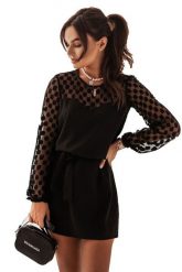 Sukienka z Bufiastym Rękawem z Siateczki w Grochy. Czarne sukienki damskie Ivon, l, bez wzorów, z materiału, wizytowe, bez kołnierzyka, bez ramiączek. Za 164.90 zł.