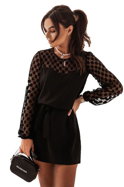 Sukienka z Bufiastym Rękawem z Siateczki w Grochy. Czarne sukienki damskie Ivon, l, bez wzorów, z materiału, wizytowe, bez kołnierzyka, bez ramiączek. Za 164.90 zł.