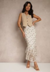 Biało-Beżowa Dopasowana Spódnica z Ozdobną Falbaną Efravaria. Białe spódniczki damskie Renee, s, bez wzorów, eleganckie, midi, dopasowane. Za 74.99 zł.