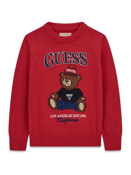 Guess Sweter N6BR03 Z1393 Czerwony Regular Fit. Czerwone swetry chłopięce Guess, z aplikacjami, z bawełny, bez kołnierzyka. Za 214.99 zł.