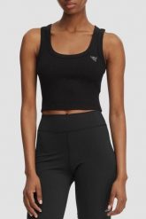 GUESS Czarny krótki damski tank top Silvy Rib, Rozmiar M. Czarne topy damskie Guess, m, z aplikacjami, z materiału, bez kołnierzyka. Za 189.99 zł.