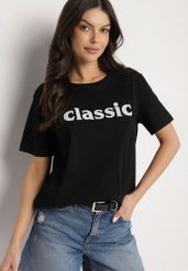 Czarny T-shirt z Bawełny z Aplikacją z Cyrkoniami Deraine. Czarne t-shirty damskie Born2be, l, z aplikacjami, z bawełny, bez kołnierzyka. Za 34.99 zł.