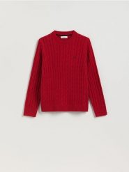 Sweter z warkoczowym splotem - czerwony. Czerwone swetry męskie Reserved, l, bez wzorów, z bawełny, bez kołnierzyka. Za 139.99 zł.