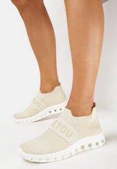 Beżowe Buty Sportowe ze Skarpetkową Cholewką i Napisem Thirllas. Brązowe buty sportowe na co dzień damskie Born2be, bez wzorów. Za 54.99 zł.