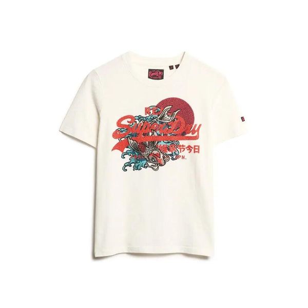 T-shirt w luźnym kroju z nadrukiem i logo dla kobiet Superdry Tokyo Vintage. Białe t-shirty damskie Superdry., xs, z aplikacjami, bez kołnierzyka. Za 126.35 zł.