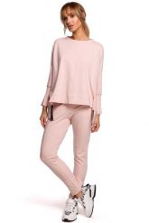 Wygodna Prosta Bluza z Lampasem - Różowa. Czerwone bluzy bez kaptura damskie MOE, l, z bawełny. Za 229.90 zł.