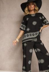Czarny Komplet Boho z Wiskozy Szerokie Spodnie i T-shirt z Haftem Zeirae. Czarne spodnie materiałowe damskie Renee, bez wzorów, z materiału, boho. Za 74.99 zł.