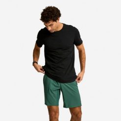 Koszulka fitness męska Domyos krótki rękaw. Czarne t-shirty sportowe męskie DOMYOS, l, z materiału, bez ramiączek, na fitness i siłownię. Za 19.99 zł.
