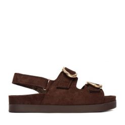 Sandały DeeZee. Brązowe sandały damskie DeeZee, bez wzorów, bez obcasa, na płaskiej podeszwie. Za 149.99 zł.