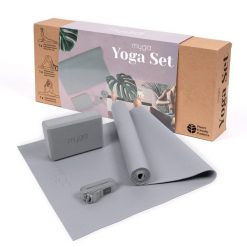 Zestaw do jogi myga Yoga Starter Kit: mata, klocek, pasek - szary. Szare paski męskie Myga, bez wzorów, z materiału, eleganckie. Za 99.99 zł.
